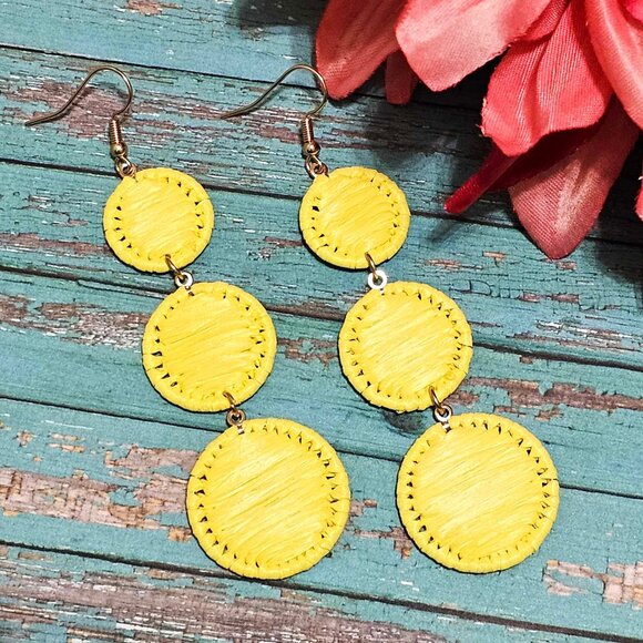 Earrings. Yellow Woven Raffia. Pierced. NWT. - Picture 2 of 5
